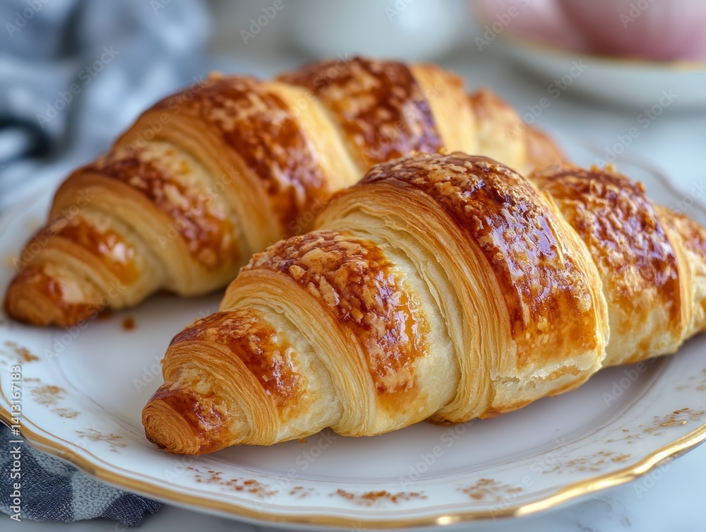 golden crispy croissants on a white ceramic plate soft morning light golden crispy croissants on a white ceramic plate soft morning light
