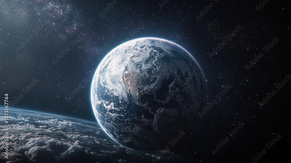 Fototapeta premium A large planet is floating in space with a lot of stars around it