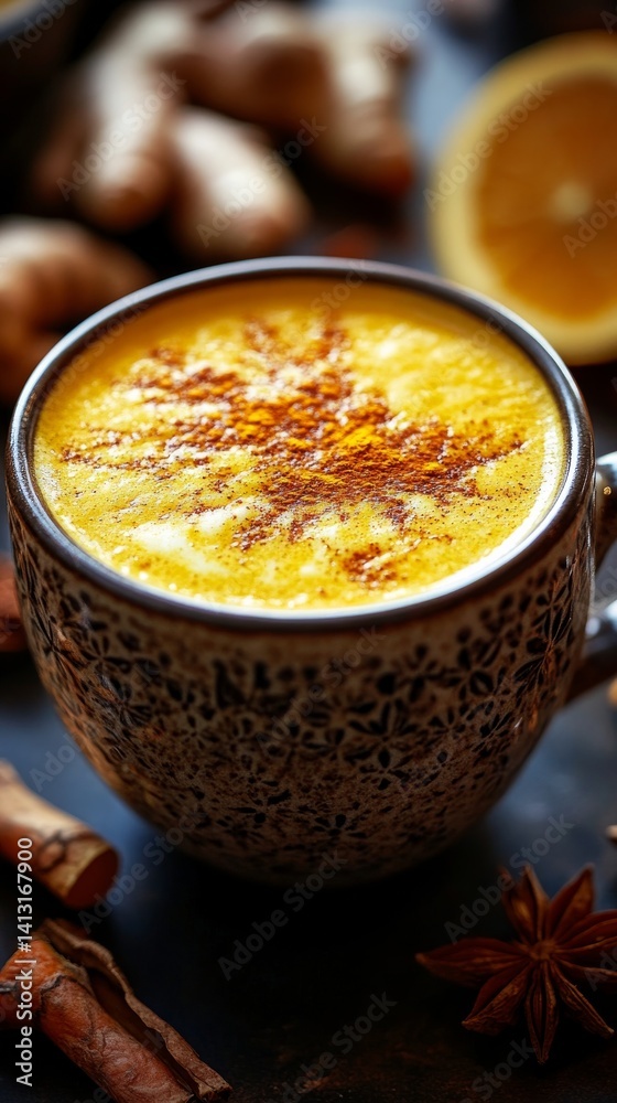 Golden turmeric latte in a cup with intricate latte art, soft lighting highlighting the smooth texture of the drink, natural and calming feel Golden turmeric latte in a cup with intricate latte art, soft lighting highlighting the smooth texture of the drink, natural and calming feel