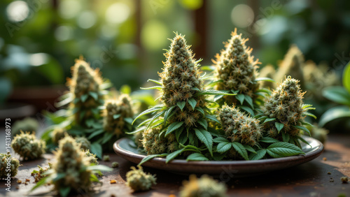 Close-up view of THC-A crystals on cannabis plants, highlighting the natural presence and potential benefits of Tetrahydrocannabinolic acid. photo