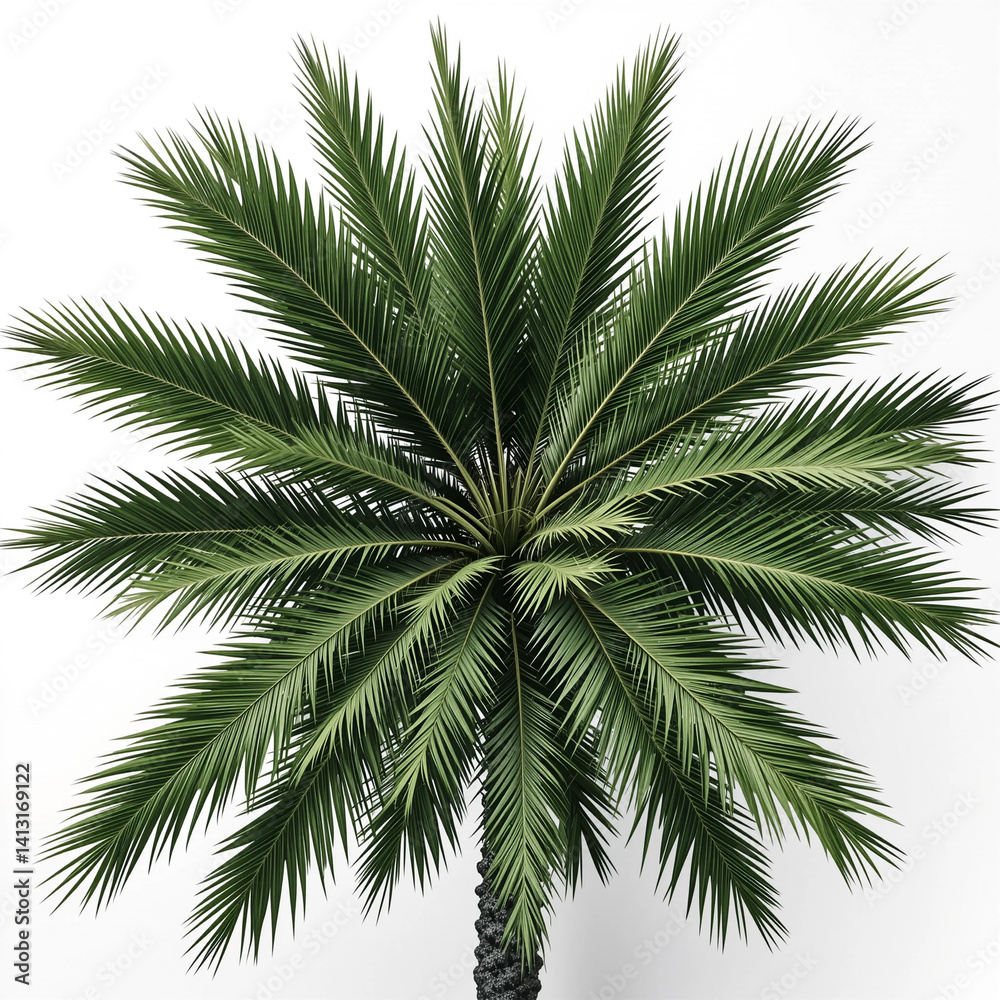 A top view of a palm tree the tree has long, slender leaves white background A top view of a palm tree the tree has long, slender leaves white background