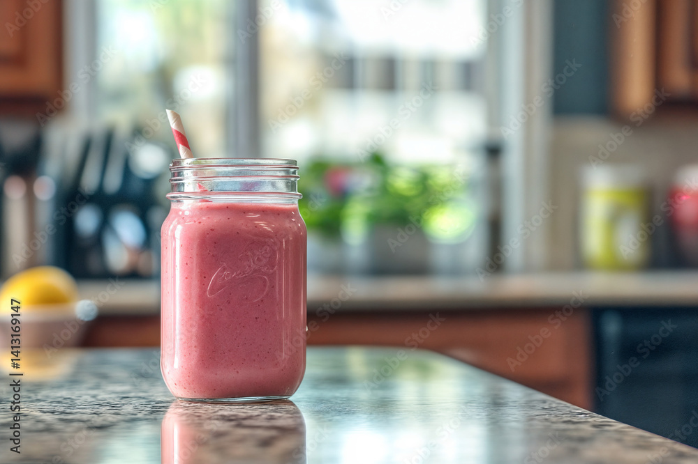 The image shows a vibrant pink smoothie in a glass jar with a red and white striped straw, placed on a kitchen countertop