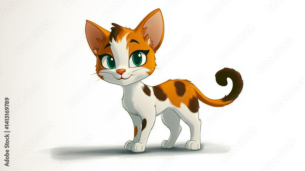 Obraz premium A cartoon calico cat with a friendly smirk is standing isolated on a white background.