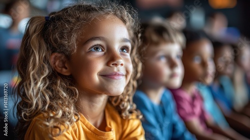 Focused Children Watching a Performance with Anticipation and Joy in Dimly Lit Auditorium