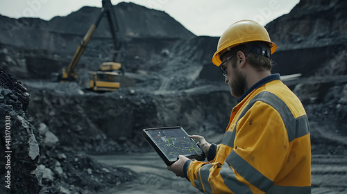 Mining worker surveying a mining site with a GPS tool. Featuring site surveying and technology use
