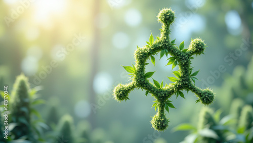 Crystalized Tetrahydrocannabinolic Acid (THCA) in a cannabis plant surrounded by other marijuana plants with bright sunshine. photo