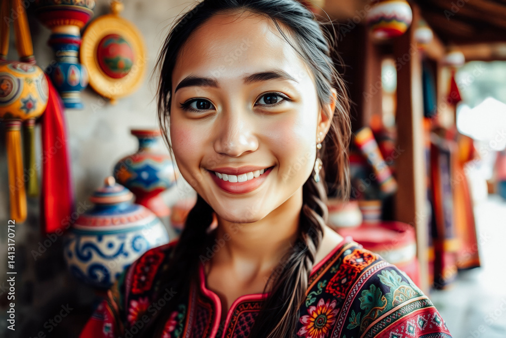 Smiling Woman in a Colorful Artisan Shop