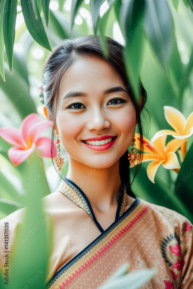 Smiling Asian Woman in Traditional Thai Outfit Amongst Flowers