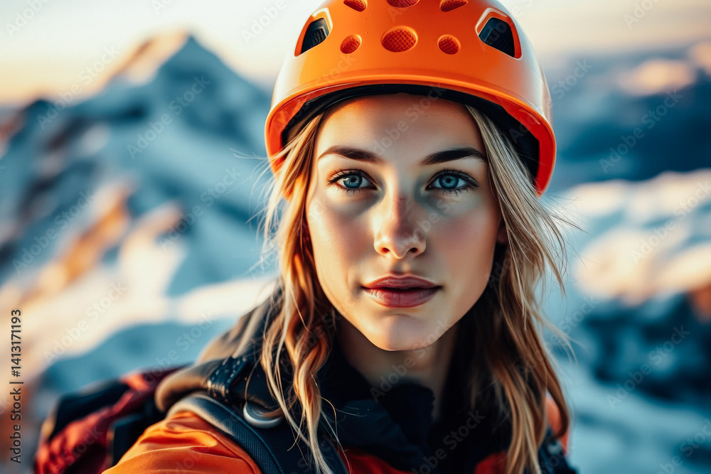 Focused Woman Mountaineer on Mountain Peak