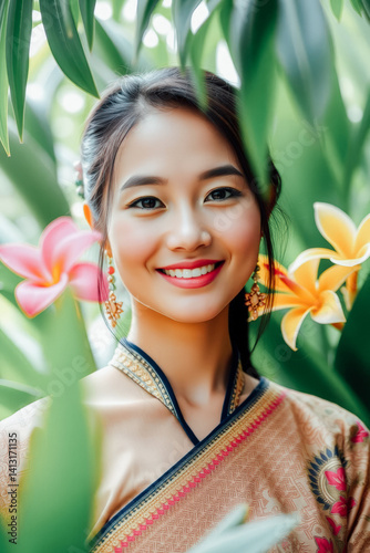 Obraz na płótnie Smiling Asian Woman in Traditional Thai Outfit Amongst Flowers w salonie