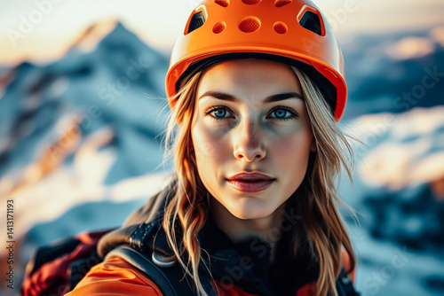 Obraz na płótnie Focused Woman Mountaineer on Mountain Peak w salonie