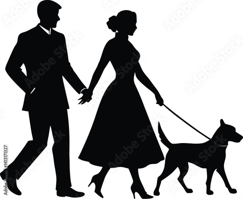 Silhouette of Couple walking with a dog