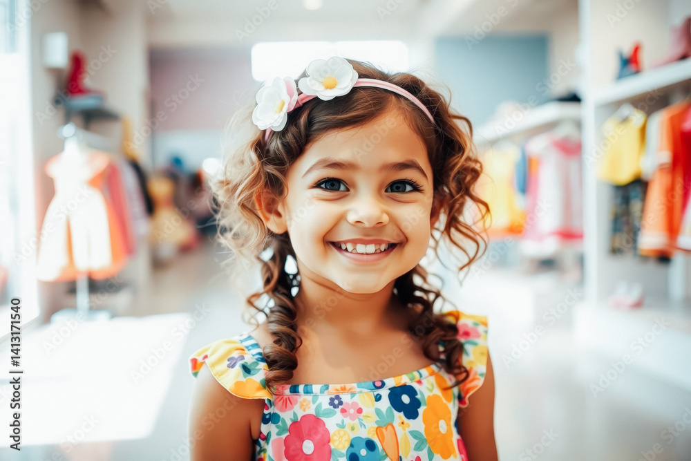 Adorable Girl in a Colorful Dress in a Children's Shop