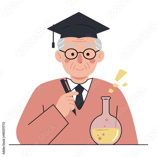 Old Scientist Teacher Holding a Pen with a Flask Background  