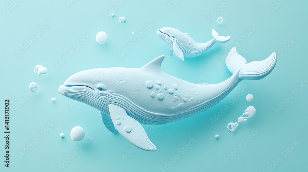 Fototapeta premium A serene scene featuring a mother whale and her calf swimming in a tranquil ocean. 3D soft pop