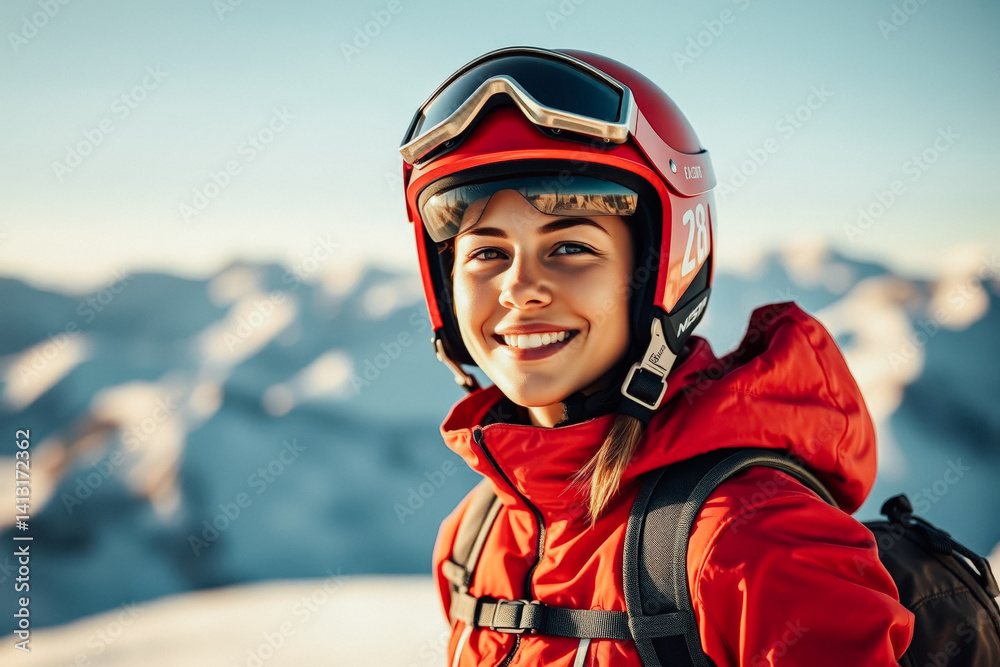 Smiling Skier in Red Gear on Mountain Top