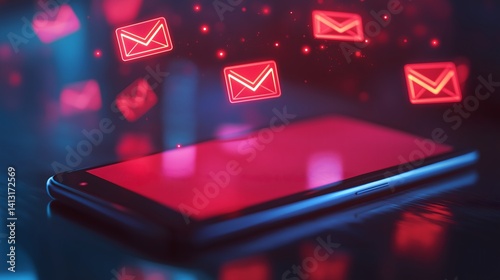 Smartphone displaying bright notifications with floating envelope icons in a modern workspace setting during nighttime