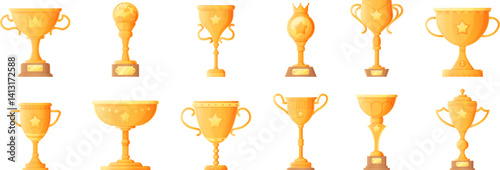 Collection of shiny golden trophy illustrations with unique designs and bases.