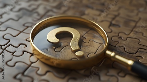 Abstract puzzle concept with a magnifying glass highlighting a question mark, symbolizing curiosity and problem-solving