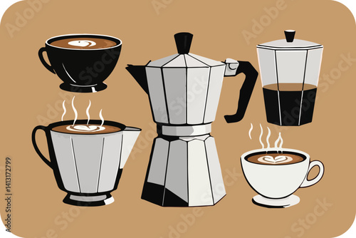 Moka Pot Brewing Coffee, Illustration Showing the Process from Stove Top to Cup with Latte Art.