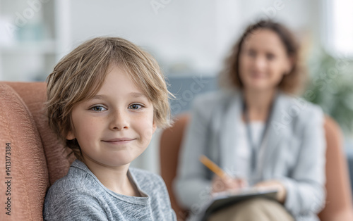 young boy sitting in psychological counseling session holding pencil and notebook while listening to therapist in indoor office setting focused child receiving emotional support during therapy talk