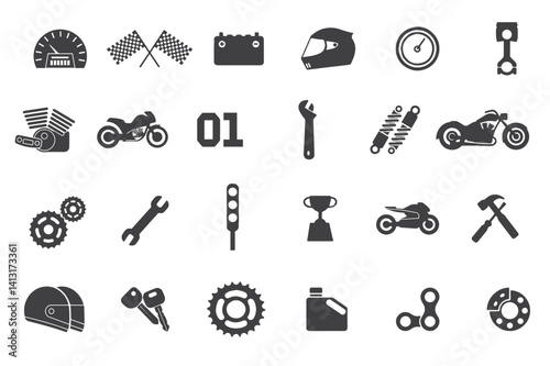 "A detailed collection of vector icons representing various motorbike parts and tools. Includes illustrations of helmets, engines, gears, spanners, wheels, and other motorcycle-related elements. 