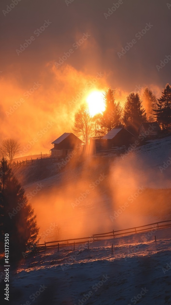 Fototapeta premium Winter cabin on snowy hill with glowing golden sunrise through trees.