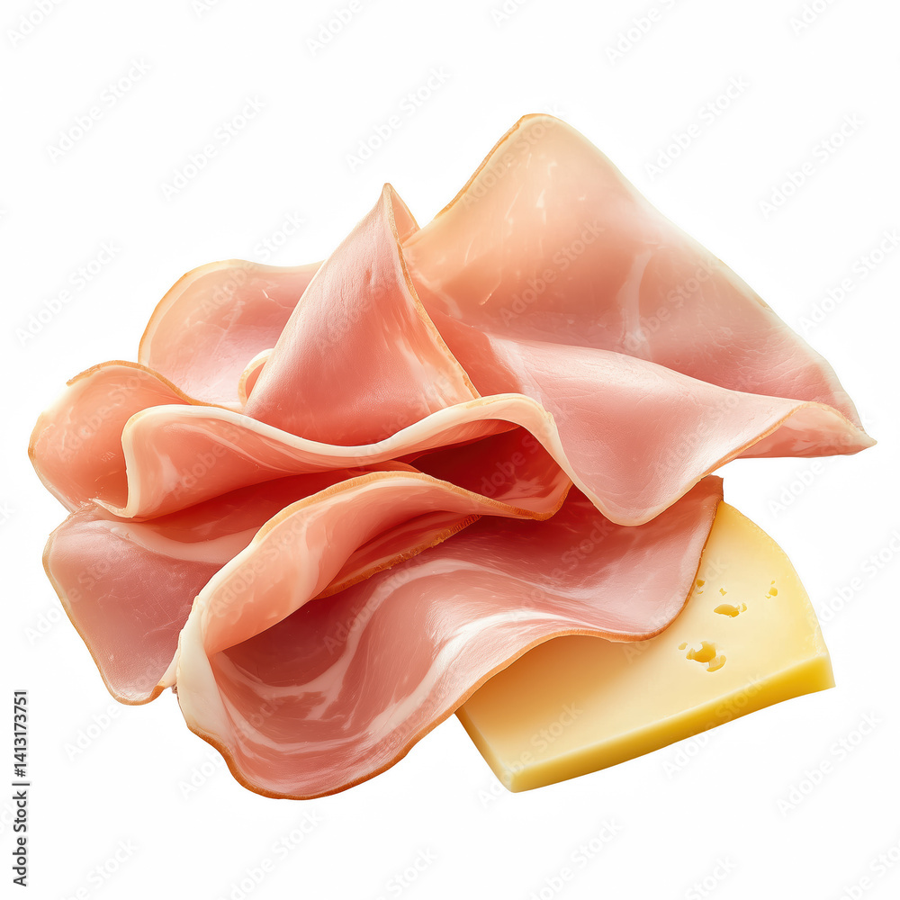 Thinly sliced ham paired with a slice of cheese, elegantly arranged for deli, sandwich, or gourmet food visuals, perfect for packaging and menu design, isolated on transparent background. Thinly sliced ham paired with a slice of cheese, elegantly arranged for deli, sandwich, or gourmet food visuals, perfect for packaging and menu design, isolated on transparent background.