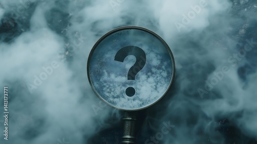 Metallic magnifying glass with a question mark over misty background invites curiosity and exploration of the unknown