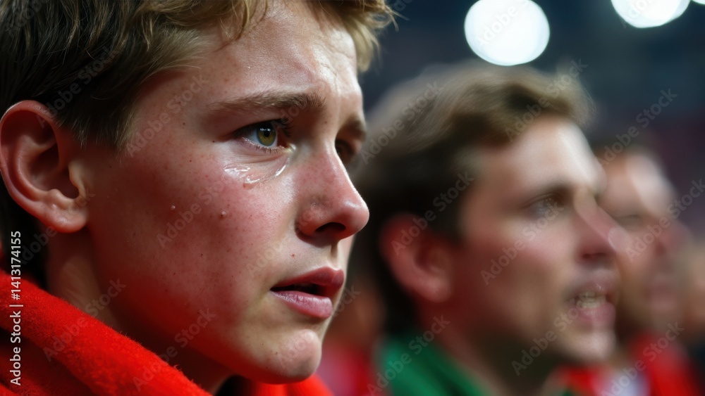 A close-up of a fan's face streaked with tears of disappointment, their team's scarf clutched tightly
