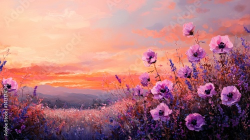 A painting of a field of purple flowers with a sunset in the background