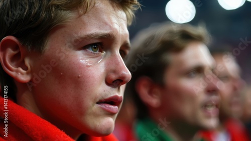 Obraz na płótnie A close-up of a fan's face streaked with tears of disappointment, their team's scarf clutched tightly w salonie