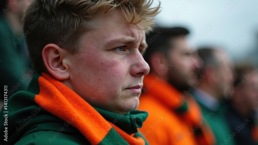 A close-up of a fan's face streaked with tears of disappointment, their team's scarf clutched tightly