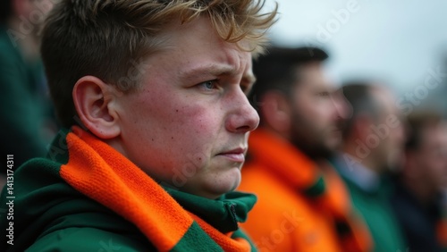 Obraz na płótnie A close-up of a fan's face streaked with tears of disappointment, their team's scarf clutched tightly w salonie