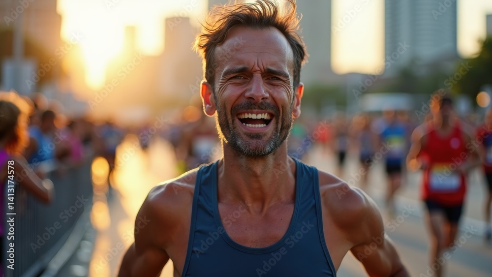 Man is running in a race with a smile on his face. He is wearing a blue tank top and is surrounded by other runners