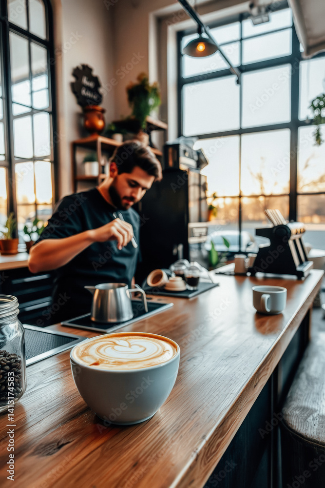Barista Creates Heart Latte Art at Busy Coffee Shop