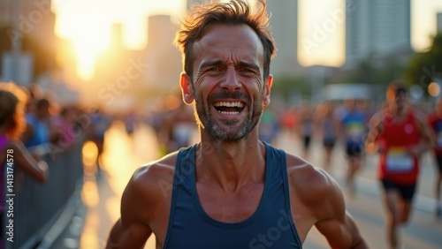 Obraz na płótnie Man is running in a race with a smile on his face. He is wearing a blue tank top and is surrounded by other runners w salonie