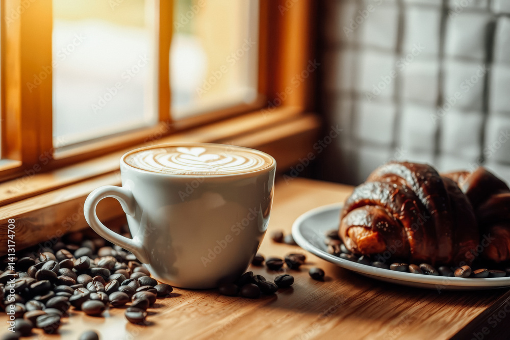Delicious Latte and Croissant by the Window