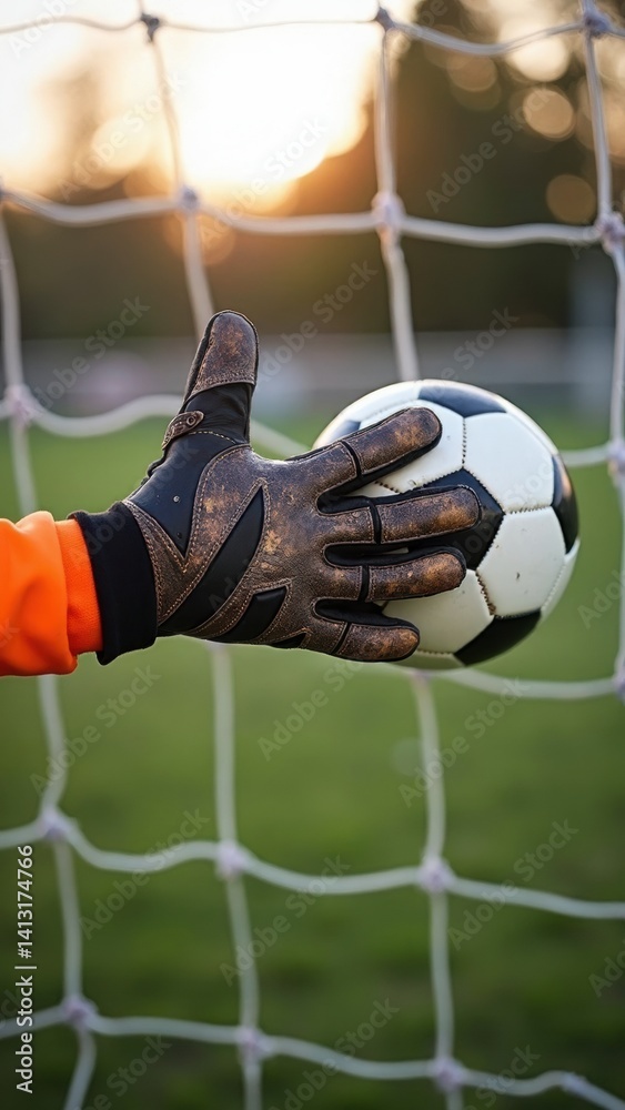 A close-up of a goalie's gloves deflecting a soccer ball, the leather scuffed and worn, the net rippling behind them