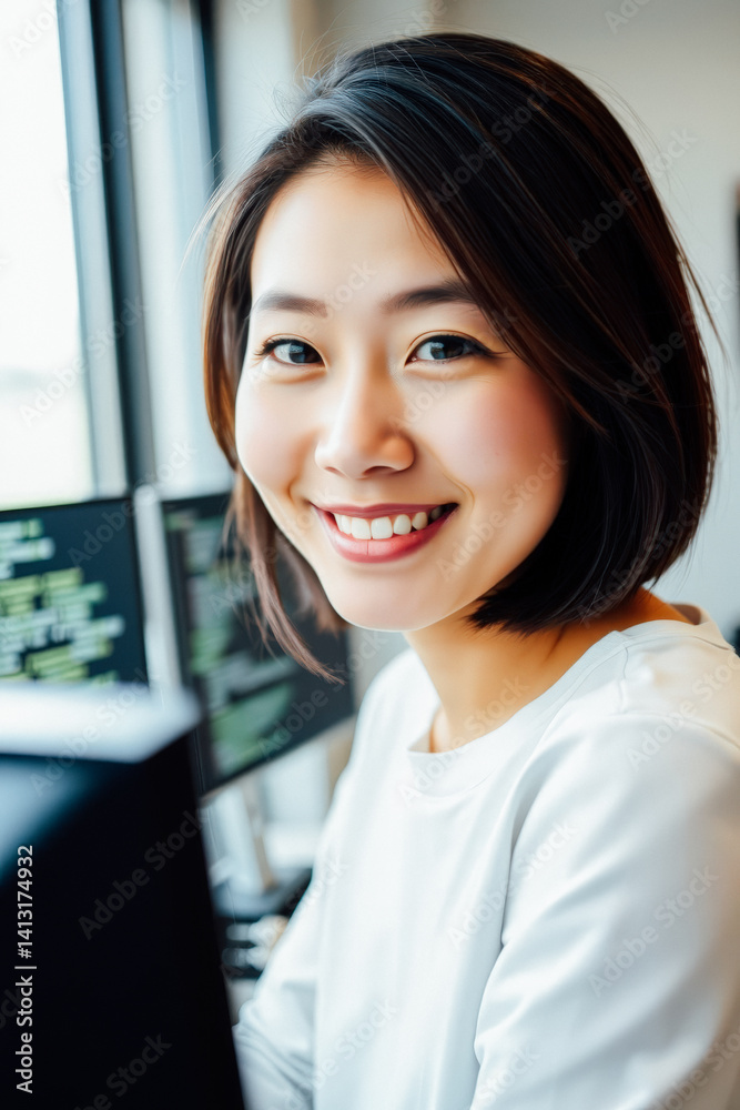 Smiling Female Programmer at Work