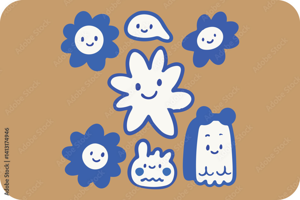 custom made wallpaper toronto digitalWhimsical Blue and White Doodle Flowers and a Cloud with Happy Faces on Tan.
