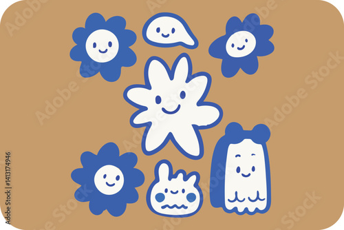 Wallpaper Mural Whimsical Blue and White Doodle Flowers and a Cloud with Happy Faces on Tan. Torontodigital.ca