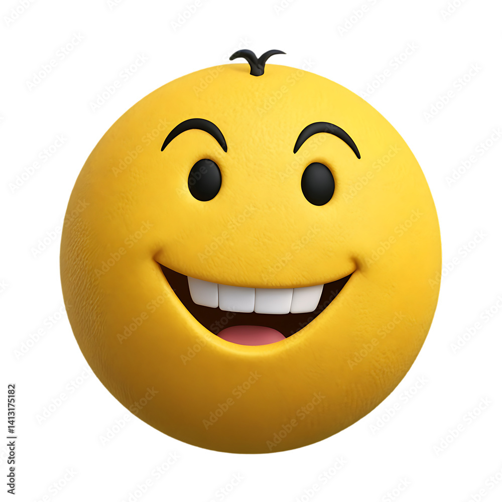 Fototapeta premium Tilted 3D Emoji with a Wide Smile and Raised Eyebrows, Expressing Excitement and Cheerful Surprise