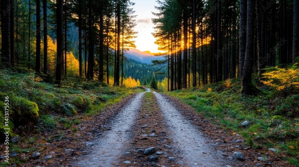 Naklejka premium Scenic forest road sunlight path nature photography travel journey exploration