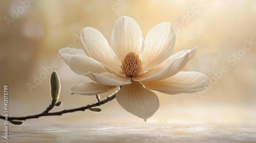 magnolia bloom captured in soft focus against a muted beige background natural light wrapping around the petals warm cozy atmosphere 