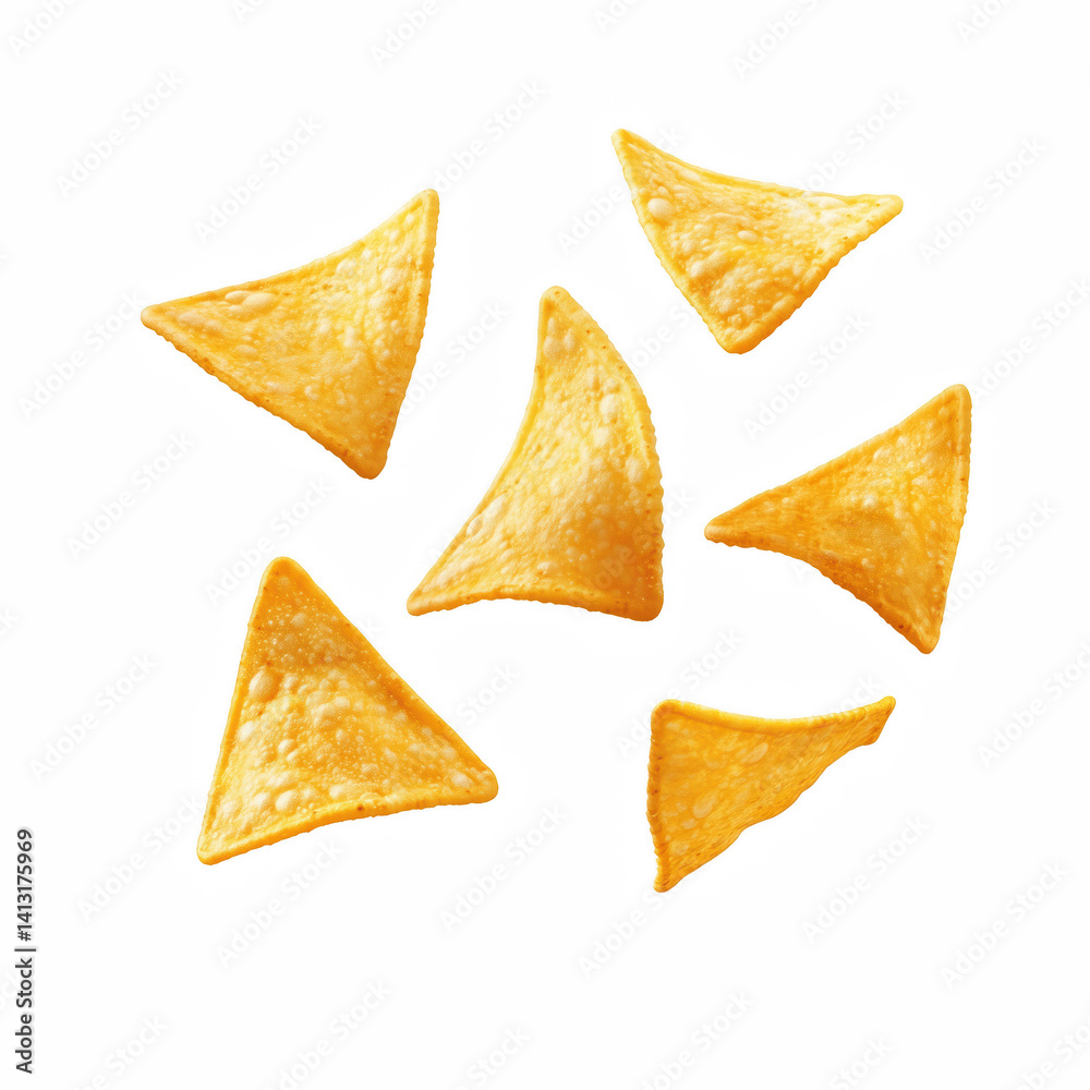 Floating crispy nacho chips, golden-yellow, triangular, with a lightly textured and slightly bubbled surface, isolated on transparent background. Floating crispy nacho chips, golden-yellow, triangular, with a lightly textured and slightly bubbled surface, isolated on transparent background.