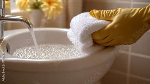 Housekeeper cleaning bathroom sink with running water and cloth