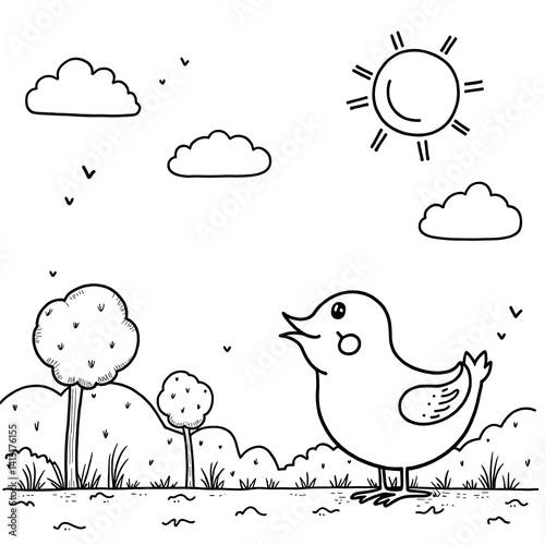 Cute bird coloring page for kids printable spring season nature drawing easy simple outline vector art