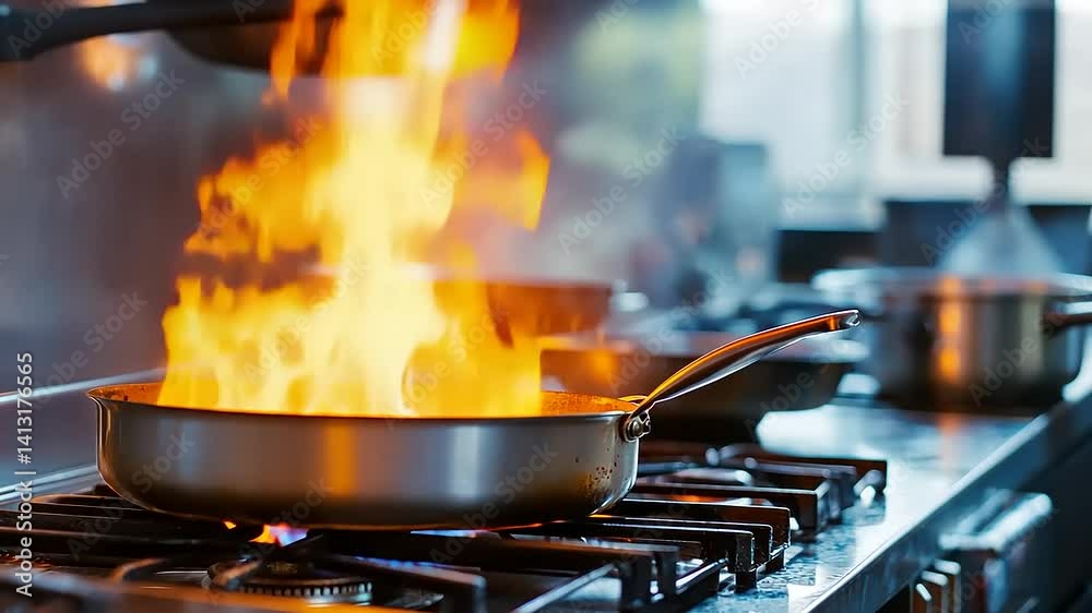 Fiery Culinary Creation: A Pan of Flames in a Restaurant Kitchen Fiery Culinary Creation: A Pan of Flames in a Restaurant Kitchen