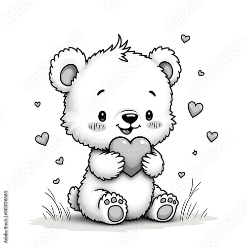 Cute bear holding heart drawing for kids valentines day card coloring page vector illustration